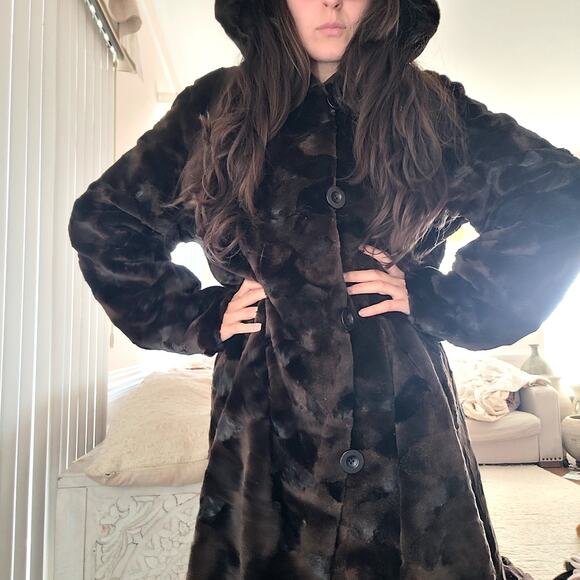 Vtg Short-haired mink Fur Coat with Hood Heavy 52 in. - Picture 3 of 10